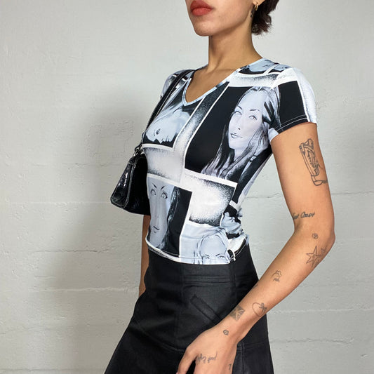 Vintage 2000's Cyber White Top with Blue and Grey Girl Portrait Print (S/M)