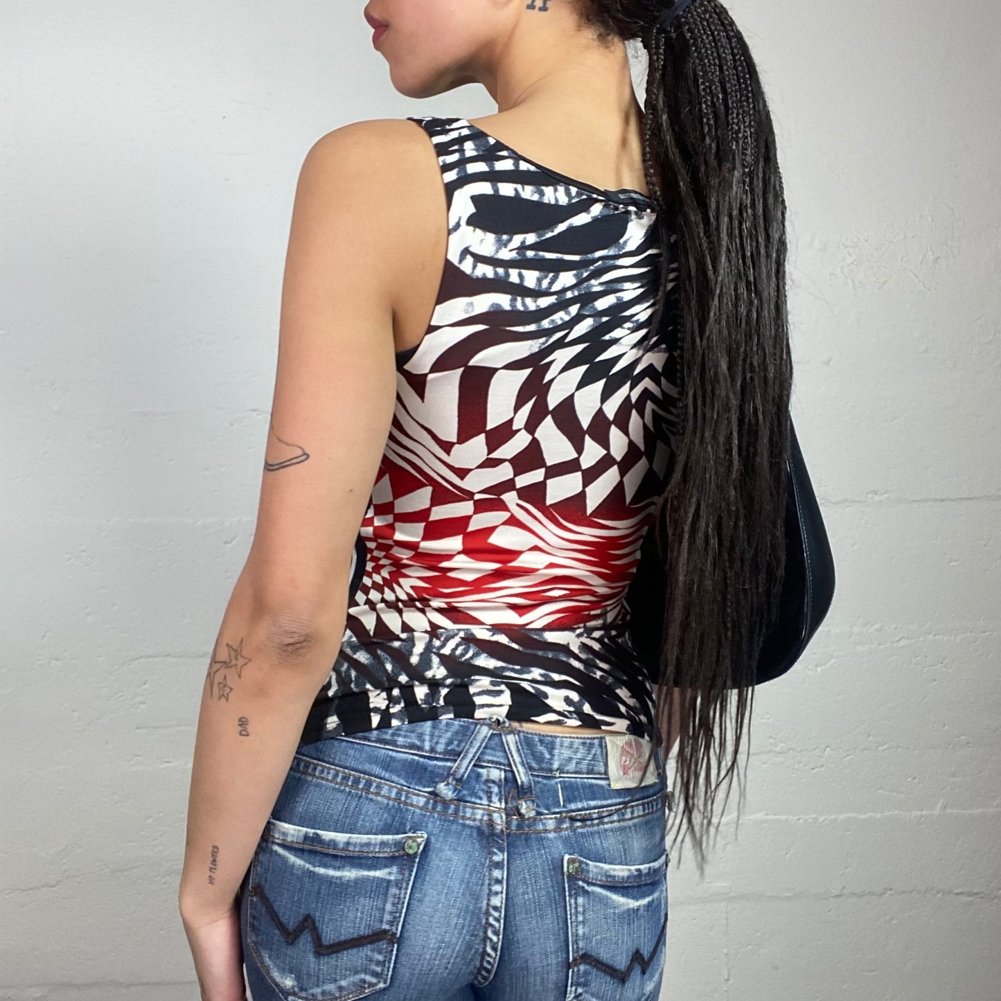 Vintage 2000's Sleaze Black Top with Orange and White Checkered Wavy Print (S)