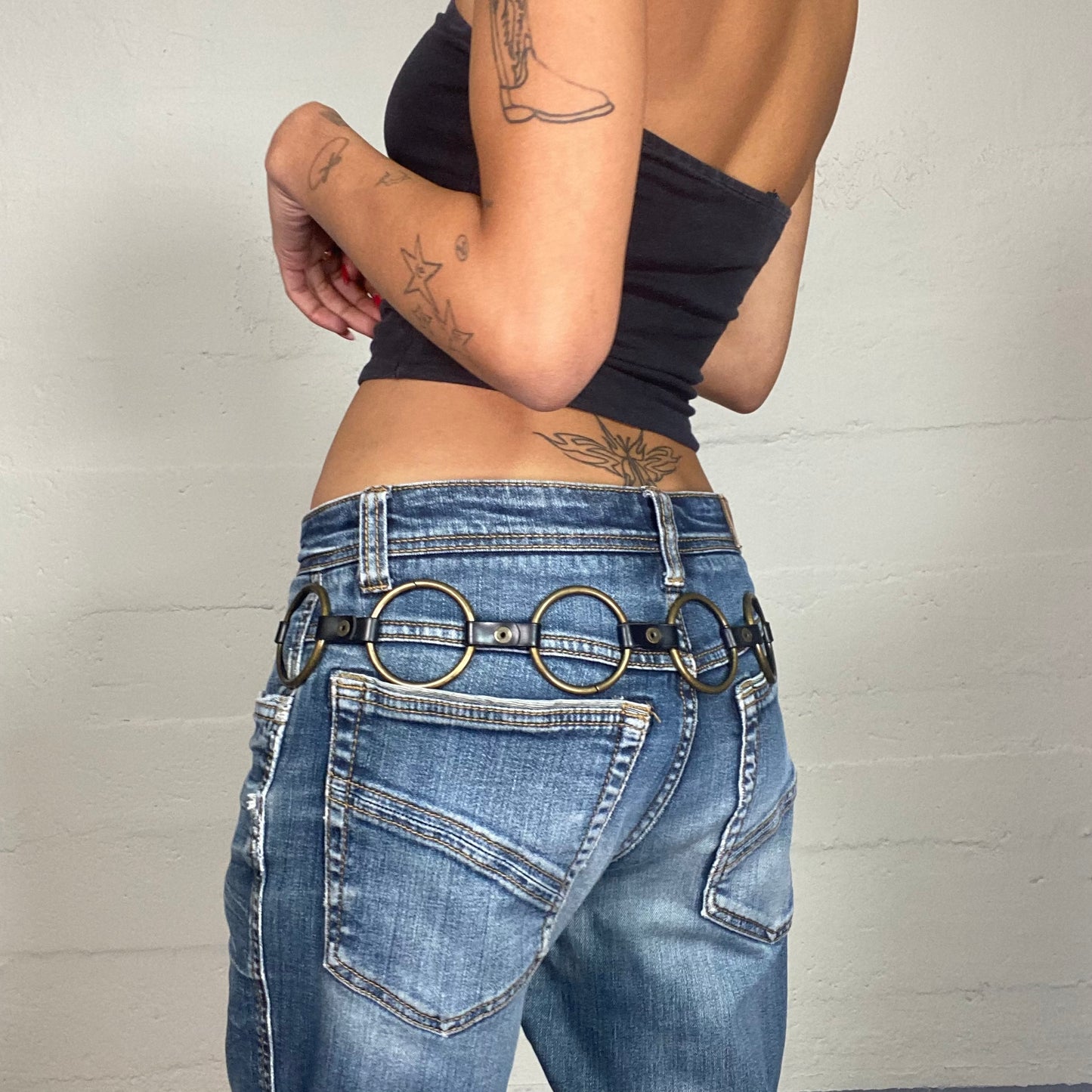 Vintage 2000's Clubwear Black Leather Tie Belt with Bronze Rings Detail