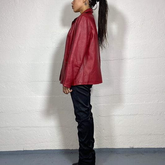 Vintage 2000 Model Off Duty Cherry Red Leather Jacket with Zipper (M)