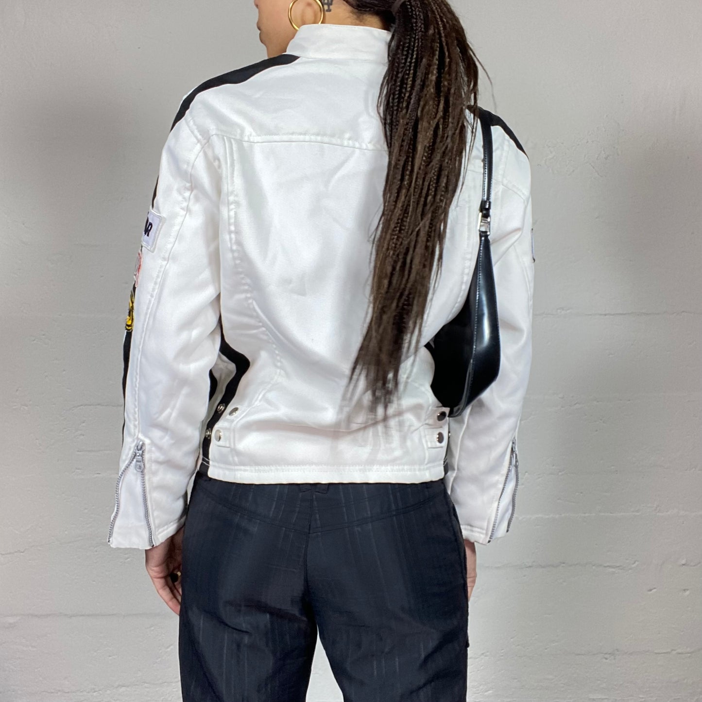 Vintage 2000's Sporty White Short Racers Jacket with Black Sleeve Trims and Red Patches Detail (XS)