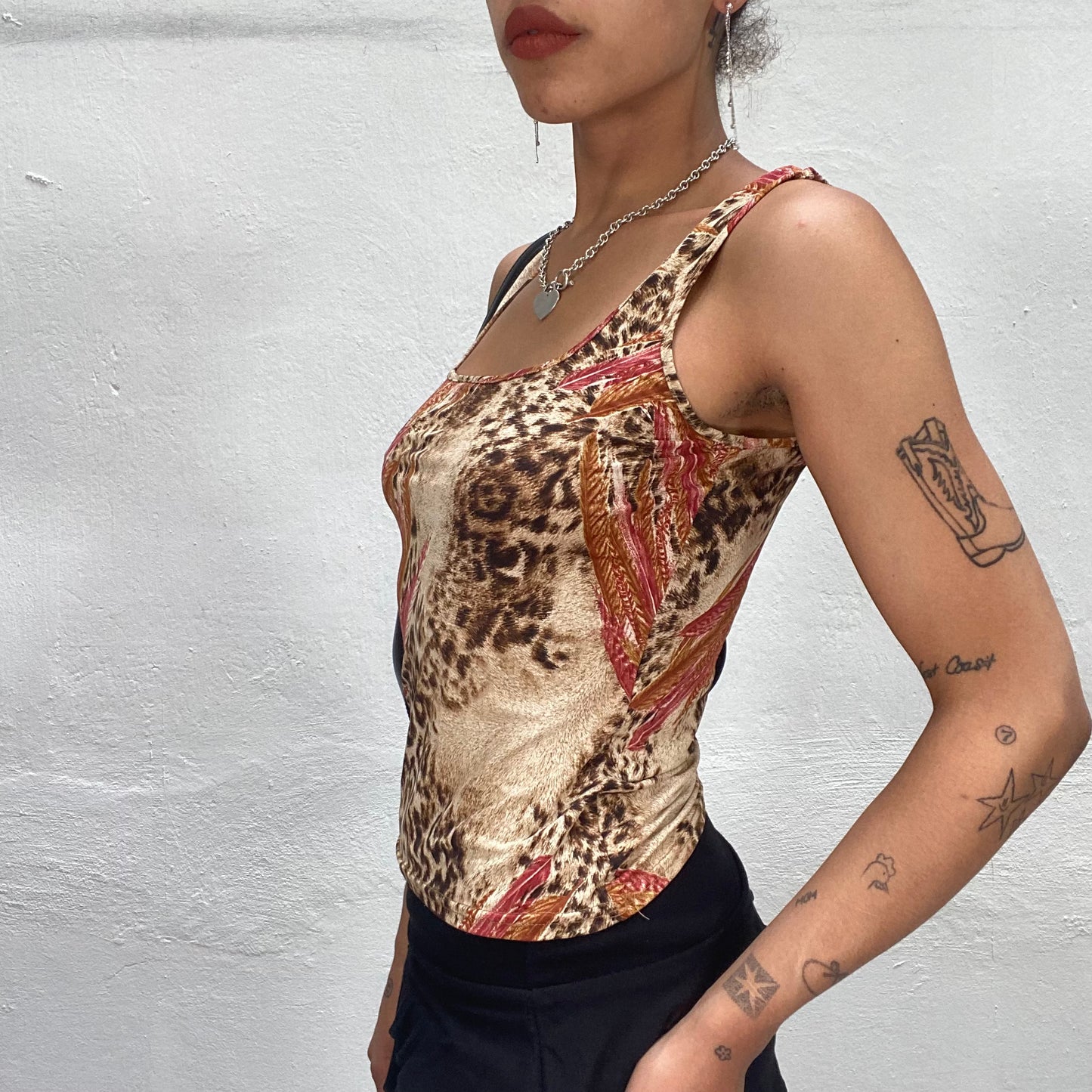 Vintage 90's Sleaze Beige Tank Top with Animal Print (M)