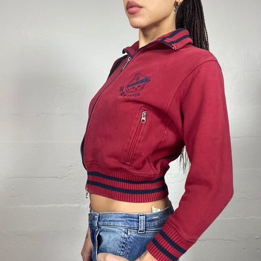 Vintage 2000's College Girl Red Zip-Up Hoodie with Black University Badge Detail (S)