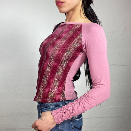 Vintage 2000's Romantic Girl Fuchsia Longsleeve Top with Lace Floral Trims Covering (S)