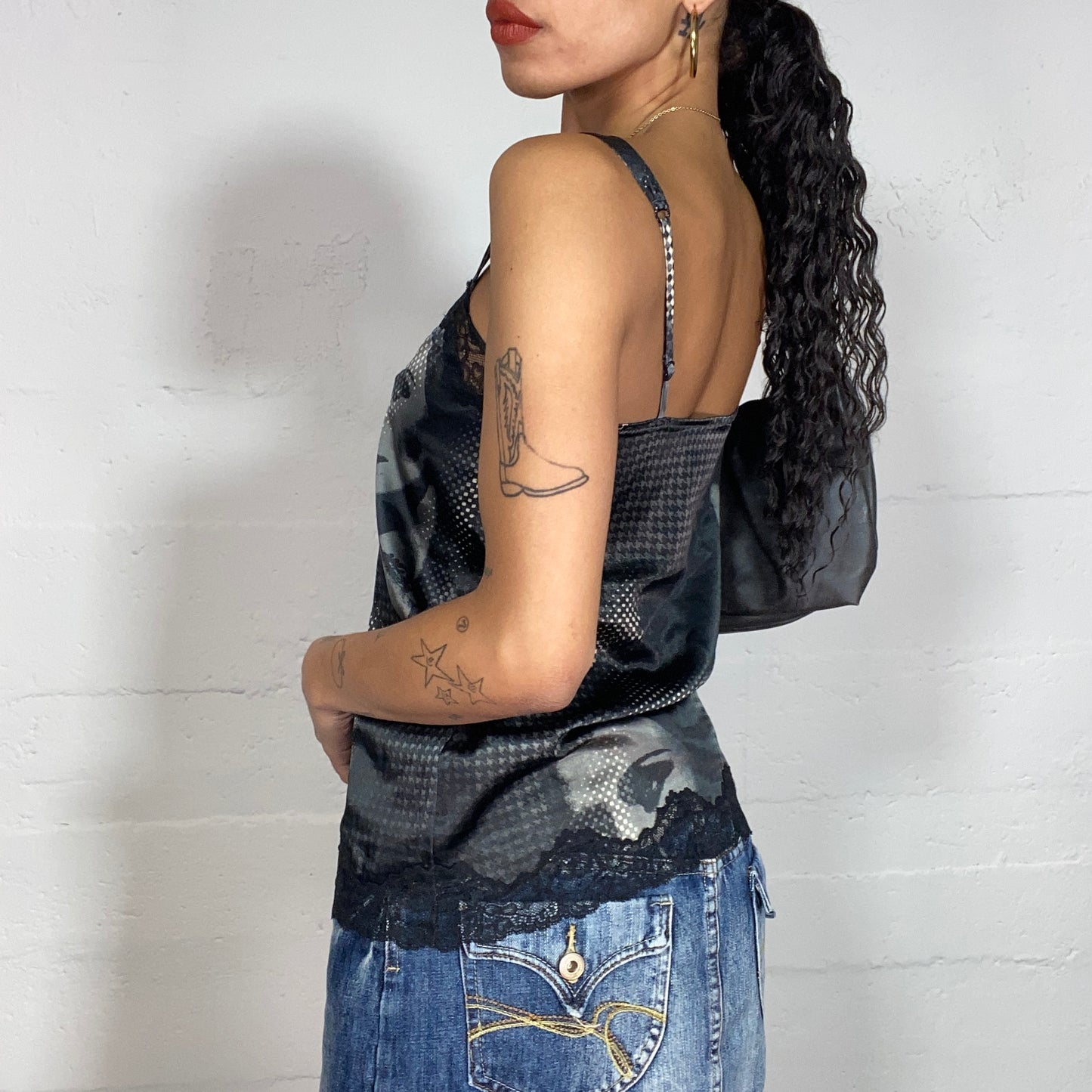 Vintage 2000's Cyber Black Top with Grey Girl Dotted Print and Lace Trim Detail (S)