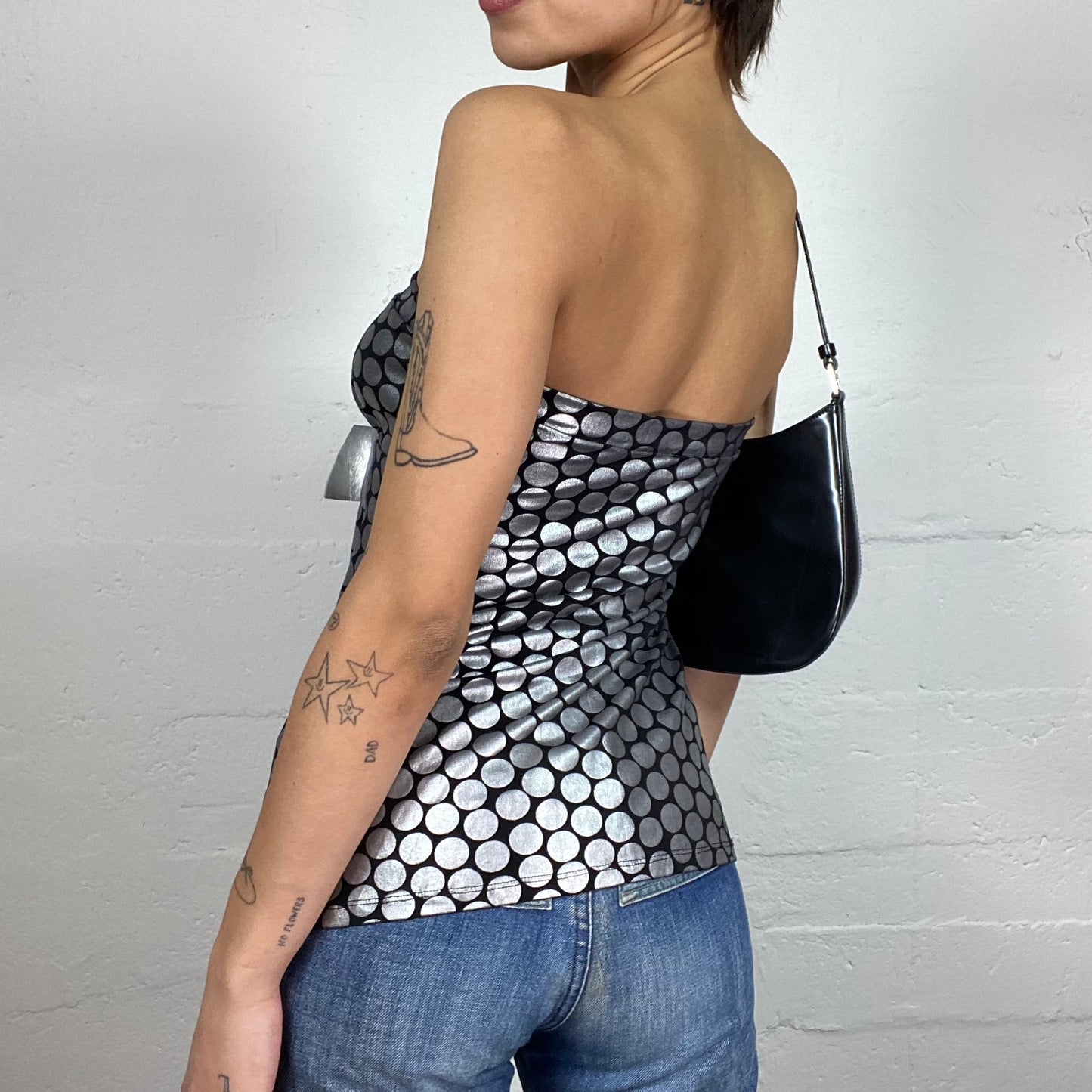 Vintage 2000's Clubwear Silver Strapless Top with Belted Waist Detail (M)