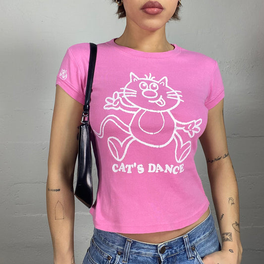 Vintage 2000's Cute Girl Pink Top with Kitty Cartoon "Cat's Dance" Print (S/M)