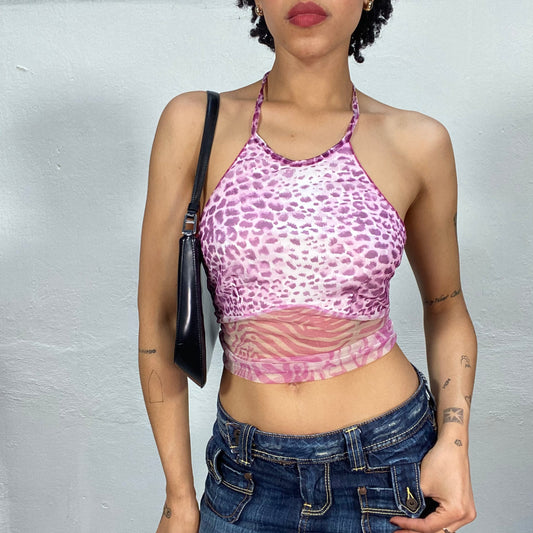 Vintage 2000's Festival Pink Leo and Zebra Print Backless Crop Top (S)