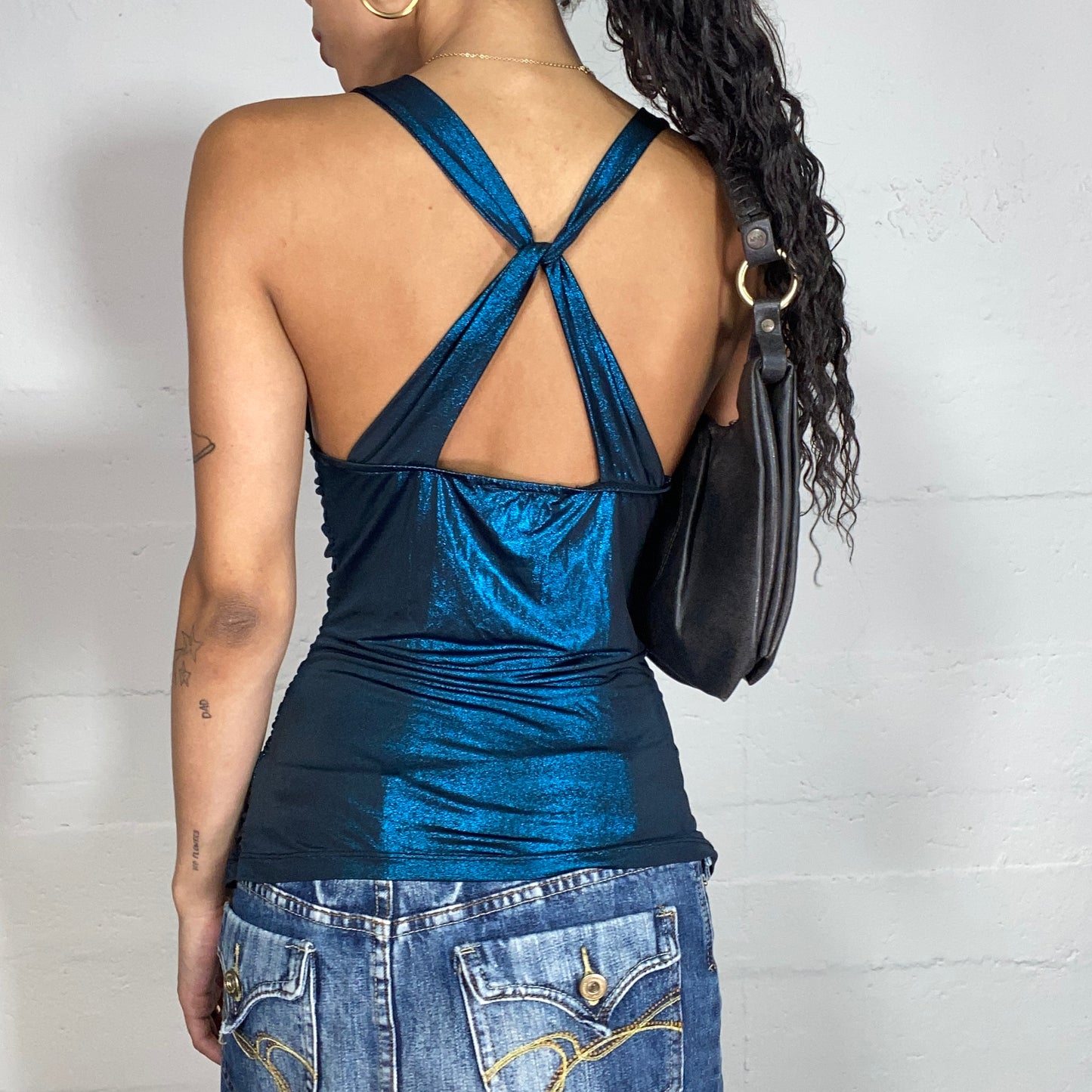 Vintage 2000's Clubwear Iridescent Blue Neckholder Top with Crossed Back (S)