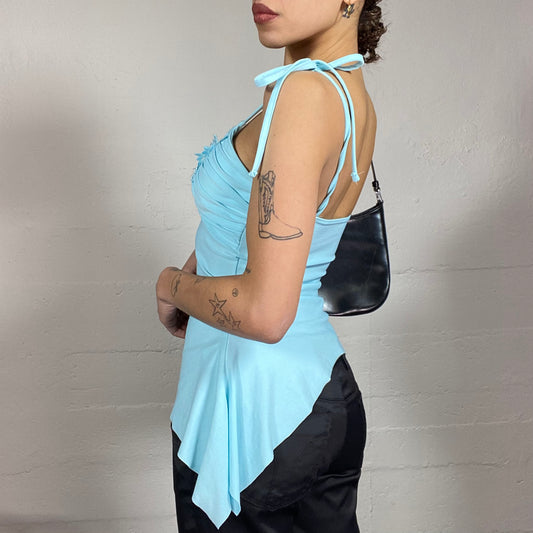 Vintage 2000's Soft Girl Blue Asymmetric Cut Top with Floral Mesh Chest Work Detail (S)
