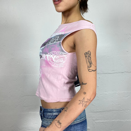 Vintage 2000's Downtown Girl Pink Maille Crop Top with Skyline Print (S)