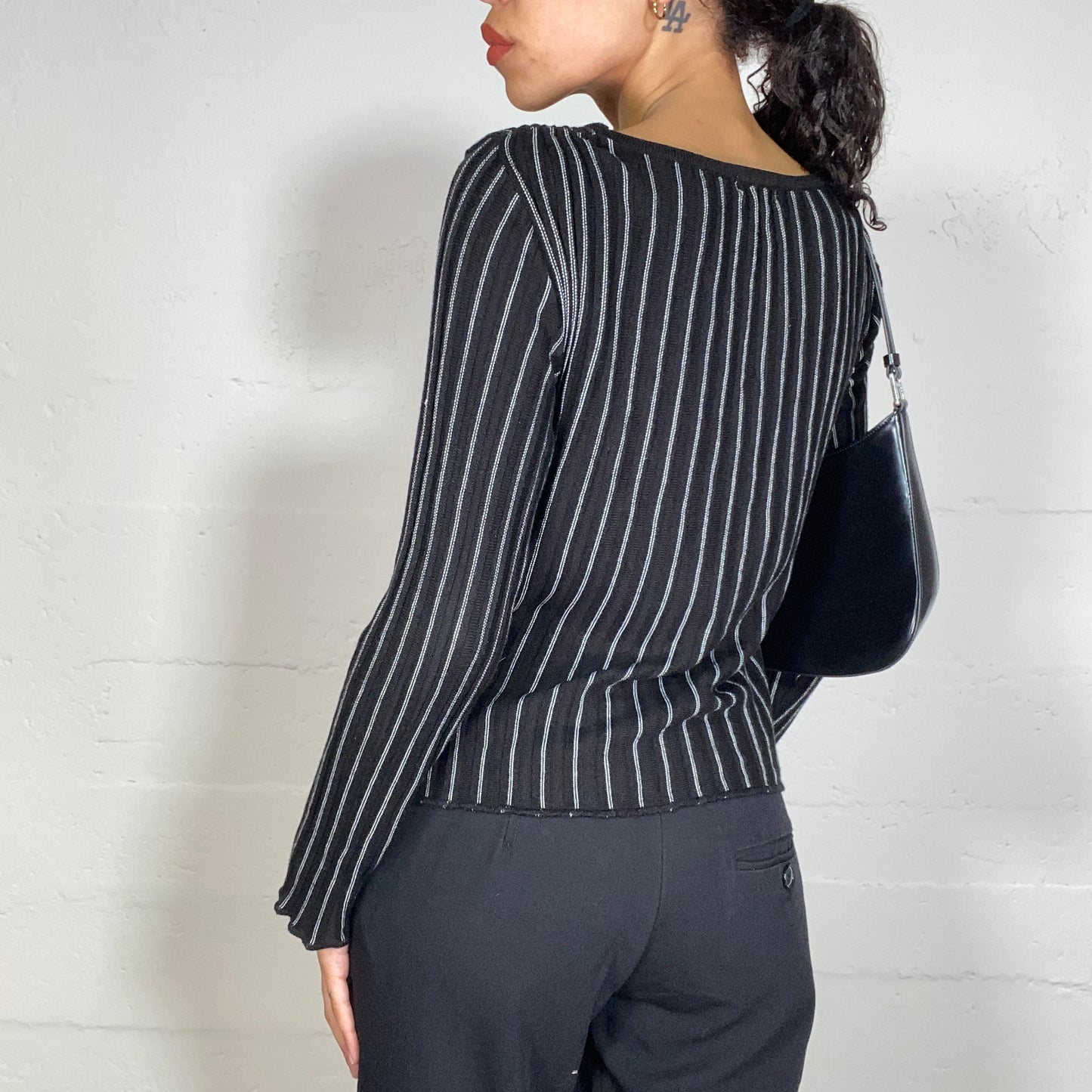 Vintage 2000's Office Black V-Neck Blouse with Pinestripe Print (M)