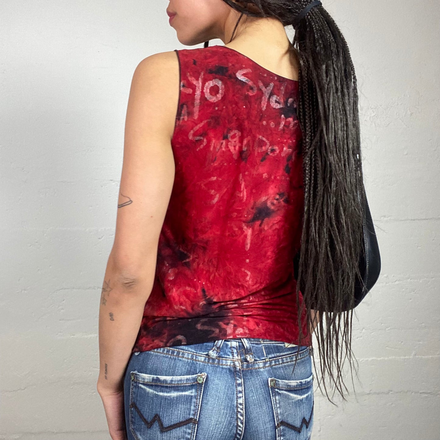 Vintage 2000's Sleaze Red Tie Dye Top with "Love" Printed Text Covering (M)