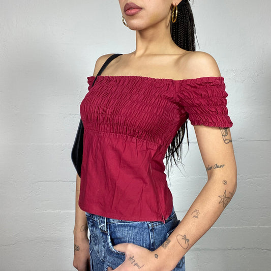 Vintage 90's Downtown Girl Red Off Shouldere Top with Ruched Chest Band Detail (M)