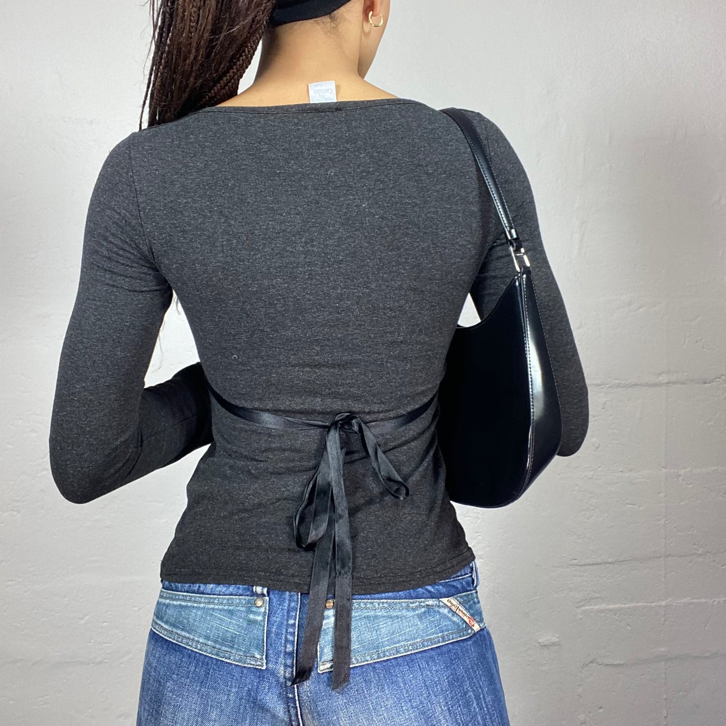 Vintage 2000's College Girl Grey Longsleeve Top with Satin Waistband Detail (S)