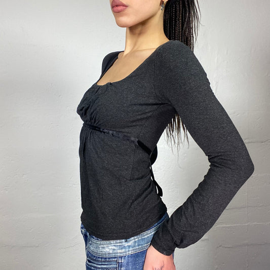 Vintage 2000's College Girl Grey Longsleeve Top with Satin Waistband Detail (S)