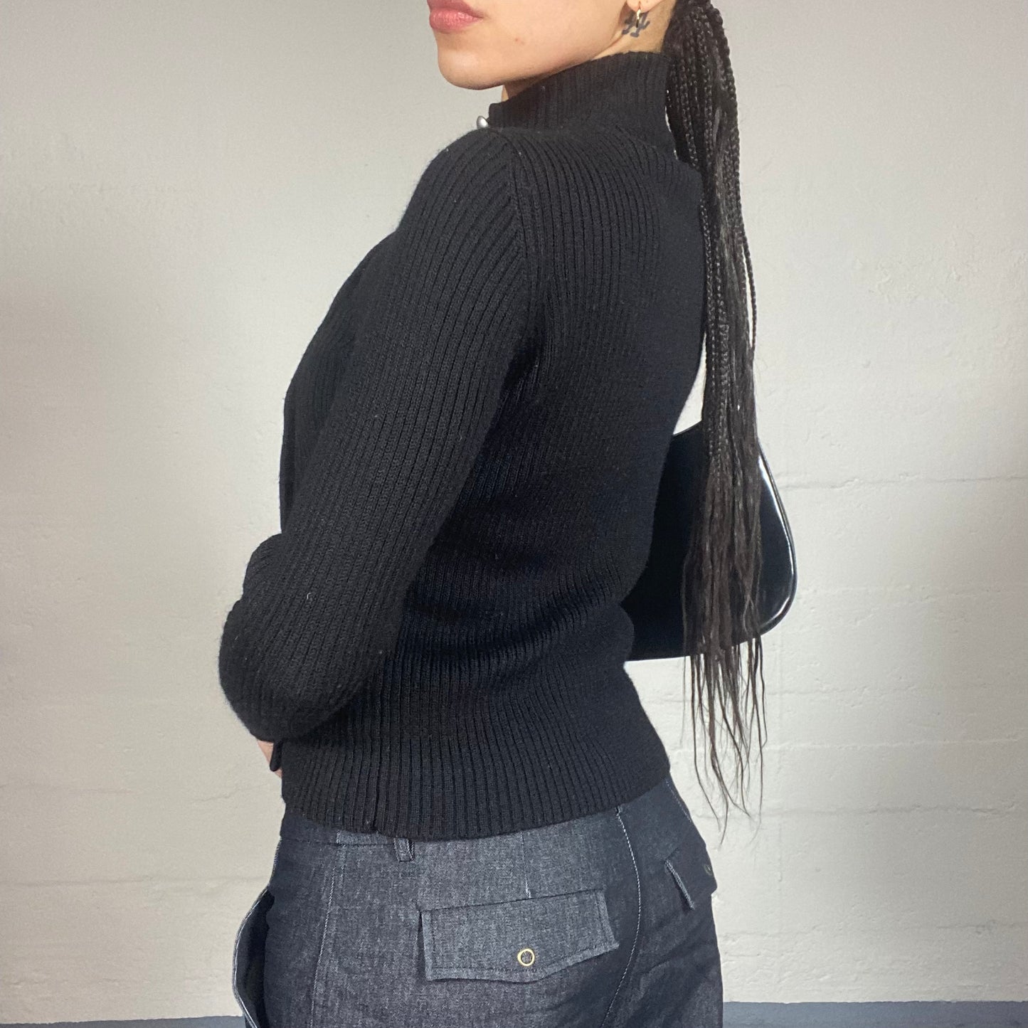 Vintage 90's The Nanny Black Button Up Knitted Sweater with Pearls Button Detail (M)