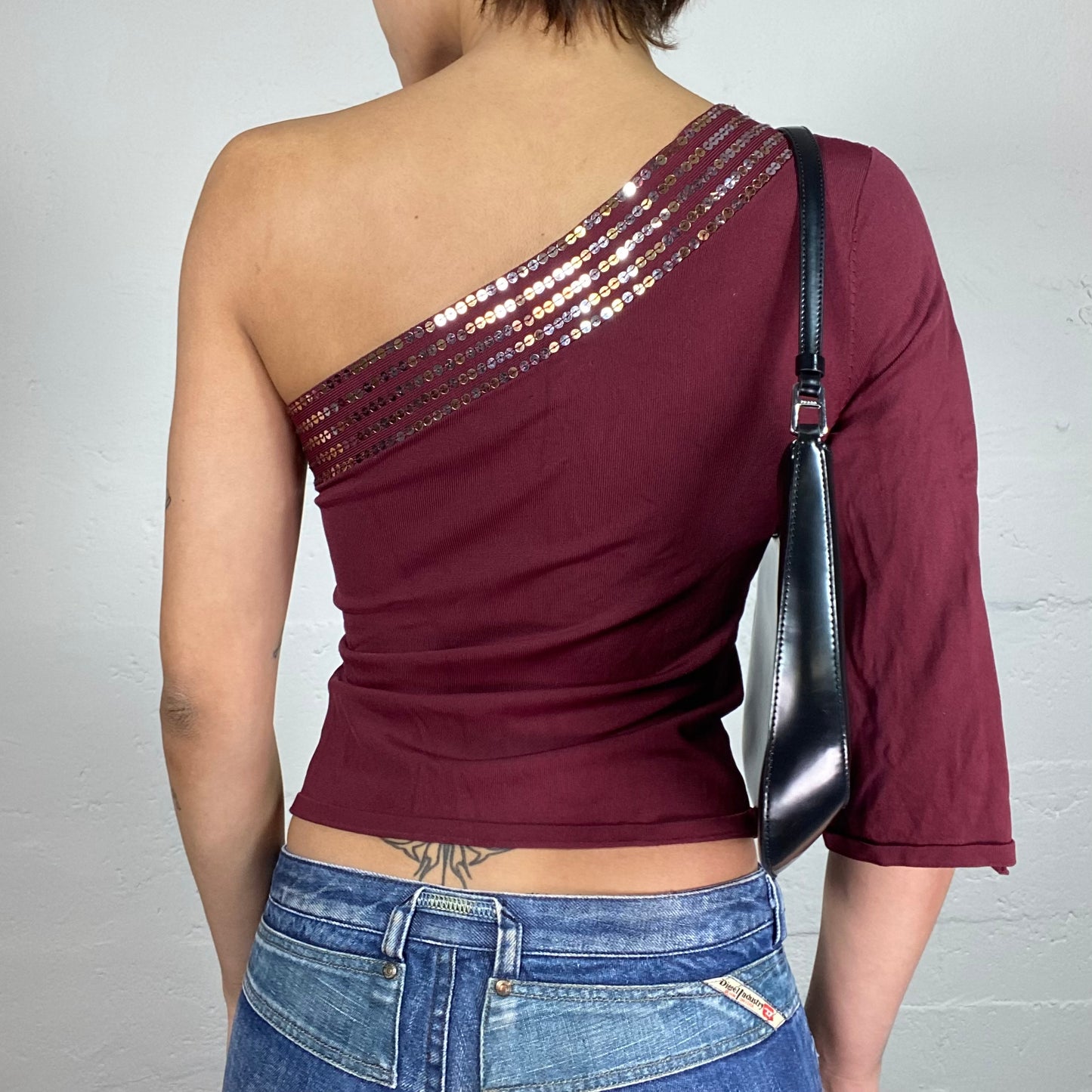 Vintage 2000's Indie Garnet One Shoulder Top with Sequins Trim Detail (S/M)