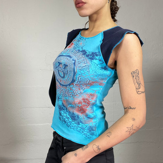 Vintage 2000's College Girl Blue Top with "University Campus" Print (S/M)