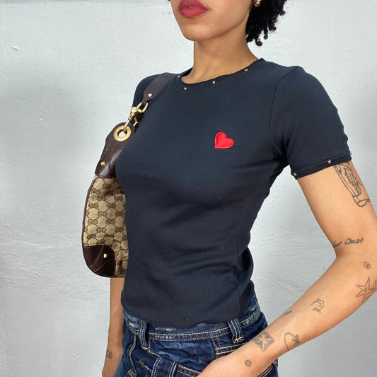 Vintage 2000's Downtown Girl Black Baby Tee with Red Heart Embroidery (S)