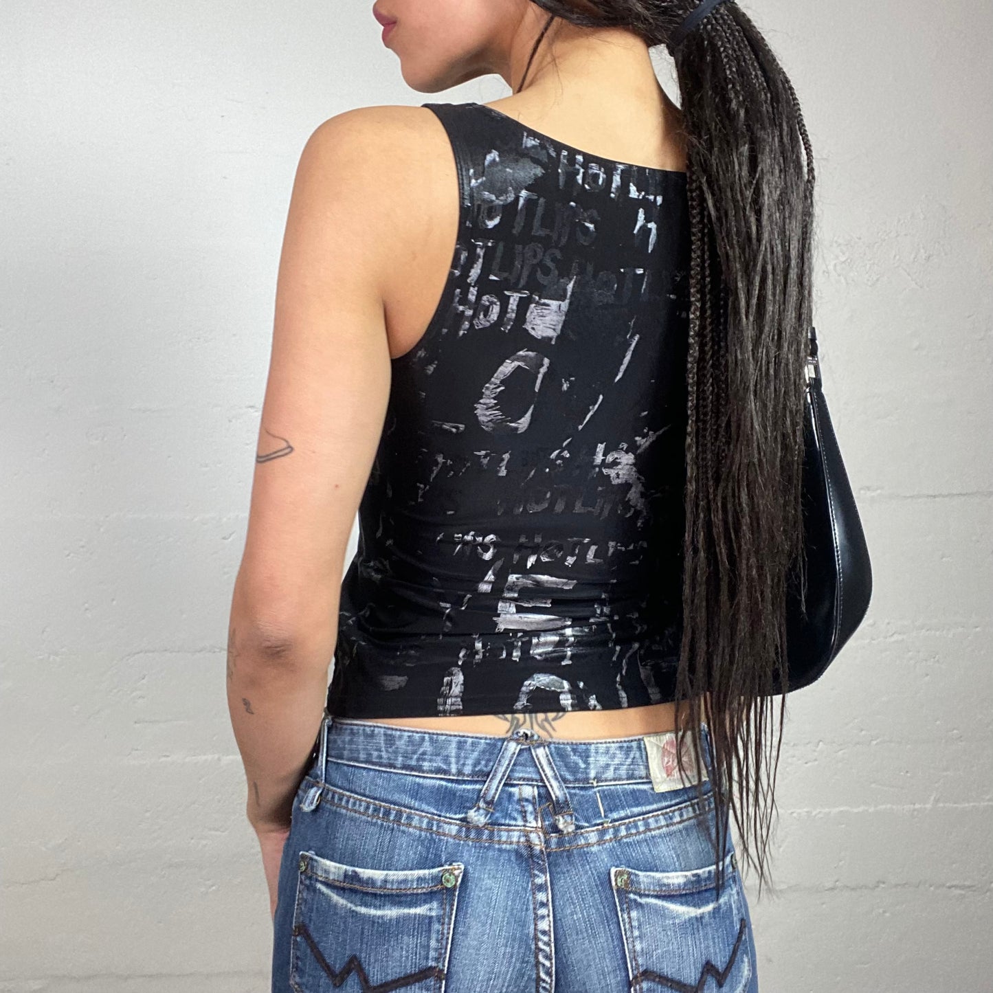 Vintage 2000's Sleaze Black Top with Grey "Love" Printed Text Covering (S)