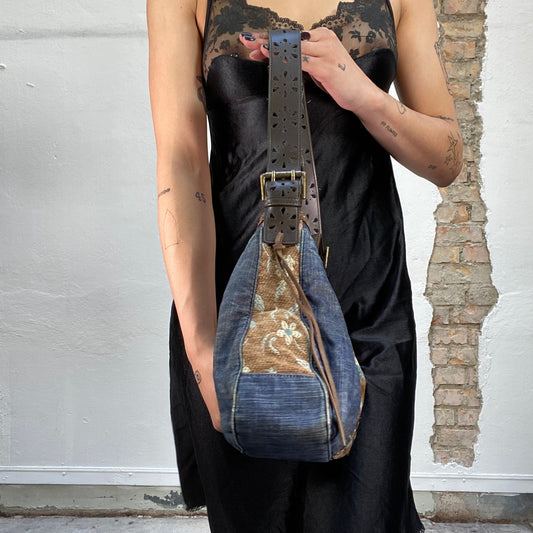 Vintage 2000's Guess Denim Shoulder Bag with Floral Print Detail and Flowers in the Strap