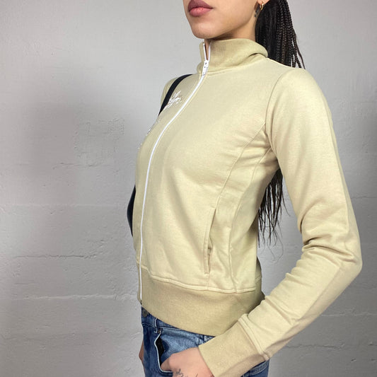 Vintage 2000's College Girl Beige Zip-Up Hoodie with White Floral Skull Print (S)