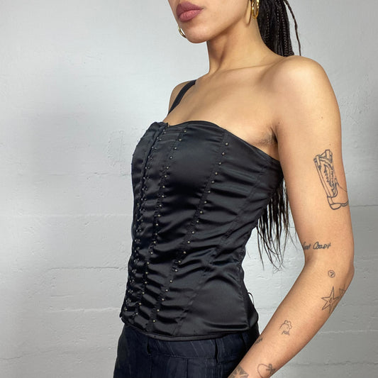Vintage 90's Whimsigoth Black Satin Corset Top with Beaded Detail (S)