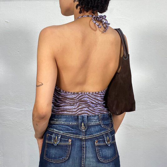Vintage 2000's Indie Brown and Purple Glittery Halter Neck Top (S/M)