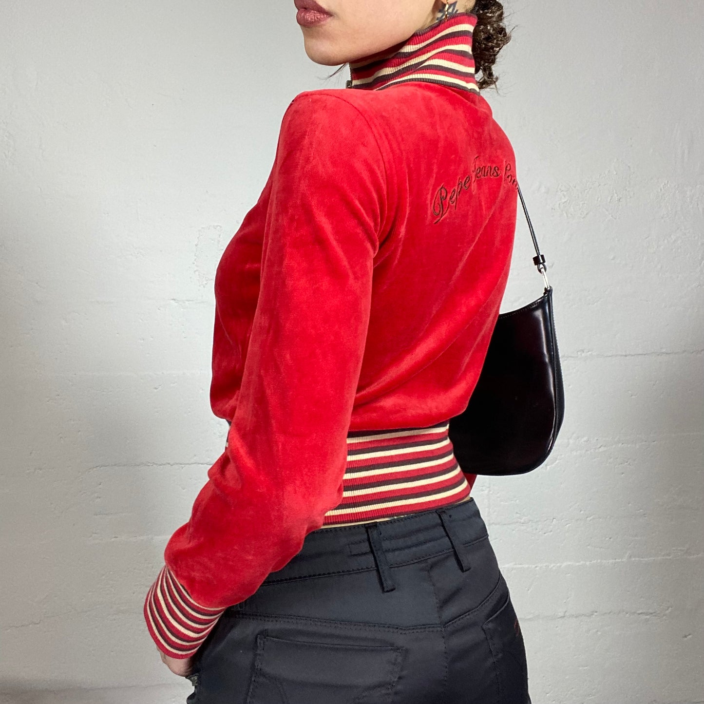 Vintage 2000's Pepe Jeans Downtown Girl Red Zip Up Velvet Jacket with Stripes Print Detail (S)