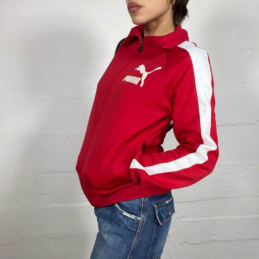 Vintage 2000's Puma Sporty Red Zip Up Oversized Sweater with White Brand Print (M)