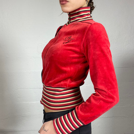 Vintage 2000's Pepe Jeans Downtown Girl Red Zip Up Velvet Jacket with Stripes Print Detail (S)