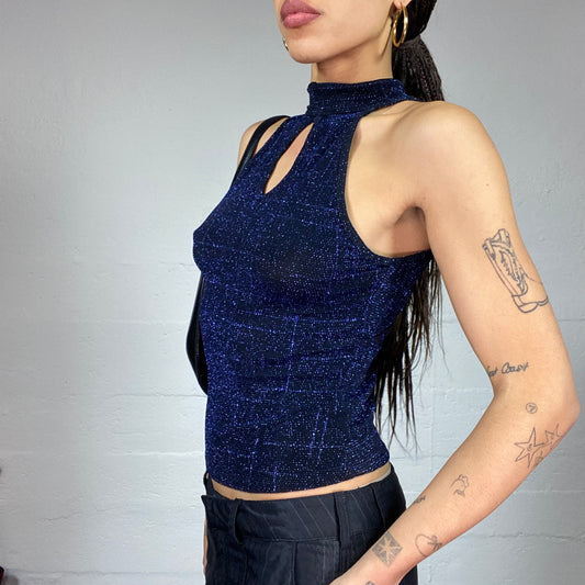 Vintage 2000's Clubwear Black Neckholder Top with Navy Blue Glitter Print (XS)