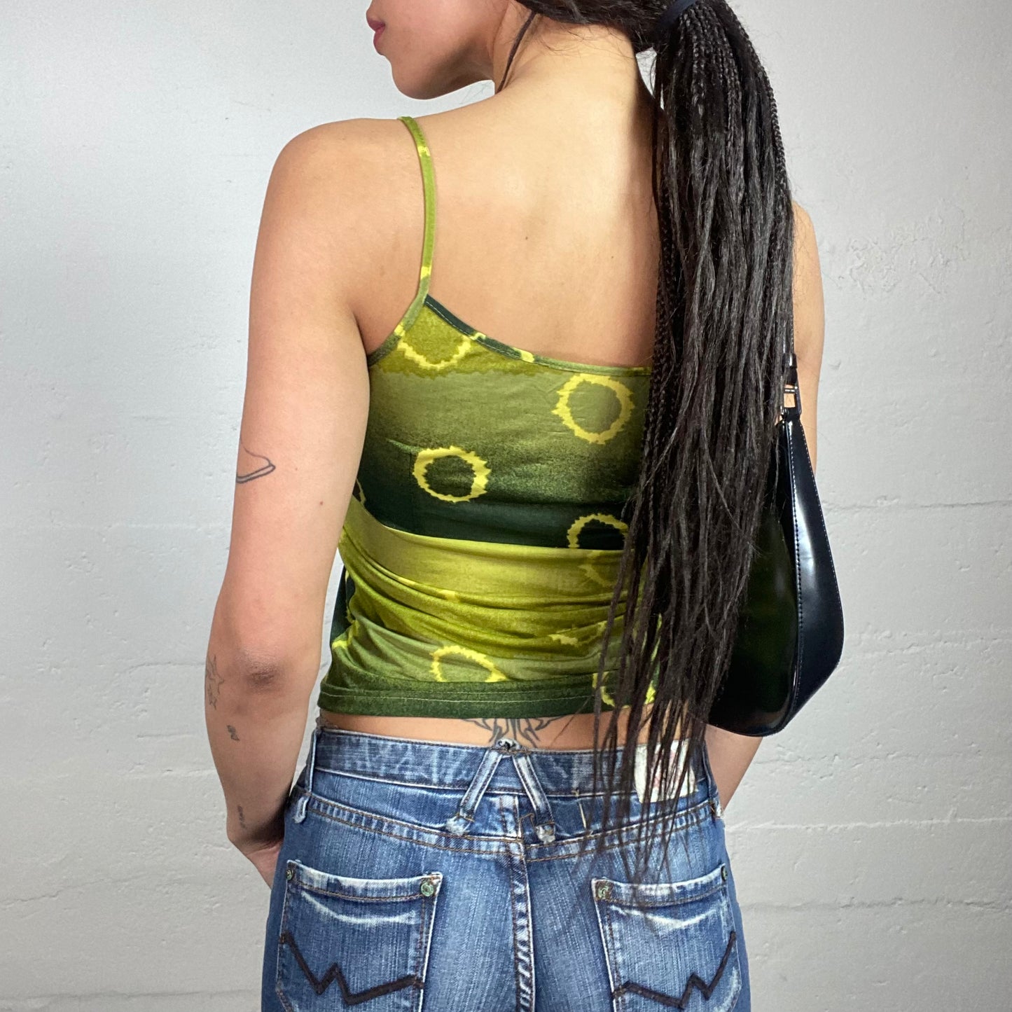 Vintage 2000's Boho Green Degradé Tie Dye Top with Sun Print (S/M)