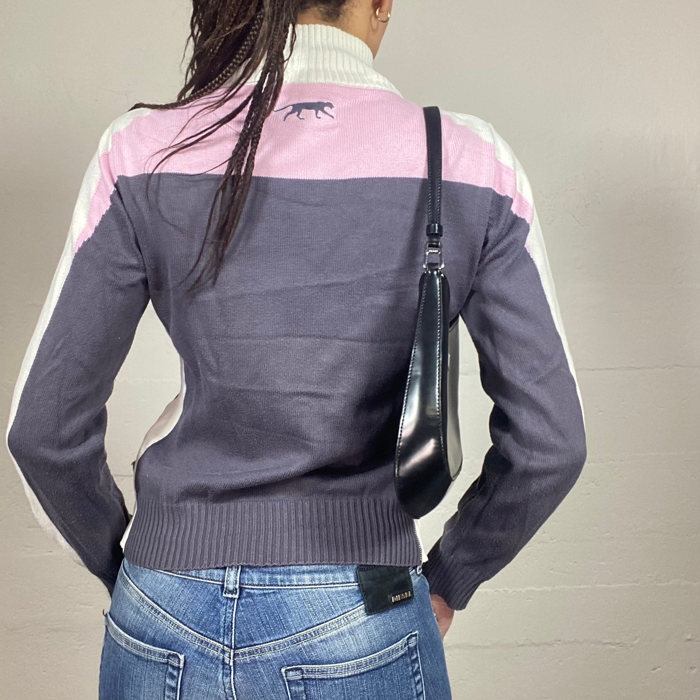 Vintage 2000's Airness College Girl Grey and Pink Zip-Up Hoodie with Brand Patch Detail (S)