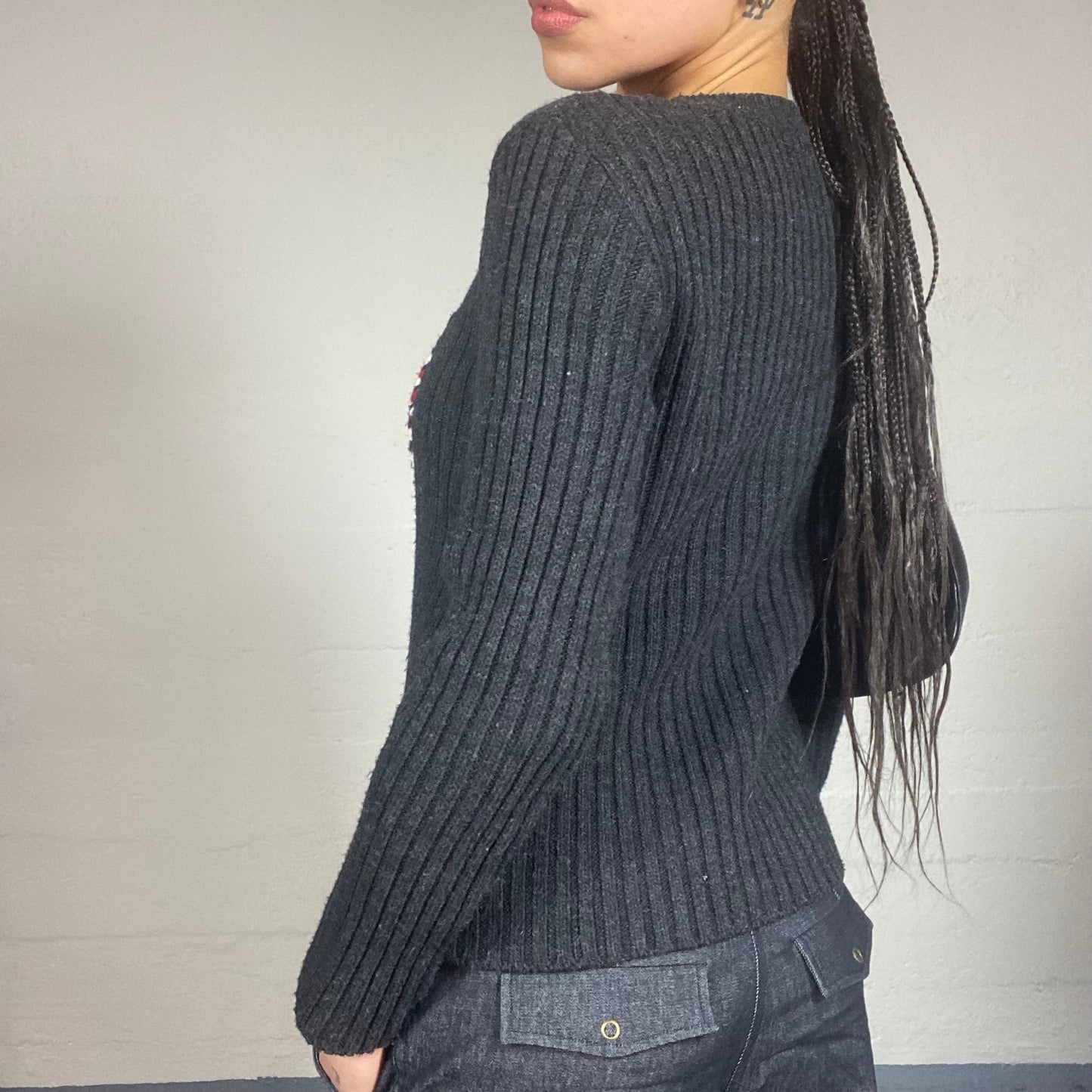 Vintage 90's Lulu Castagnette Deep Grey Knitted Sweater with Brand USA Print Detail (M)