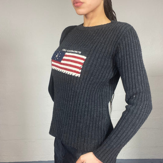 Vintage 90's Lulu Castagnette Deep Grey Knitted Sweater with Brand USA Print Detail (M)
