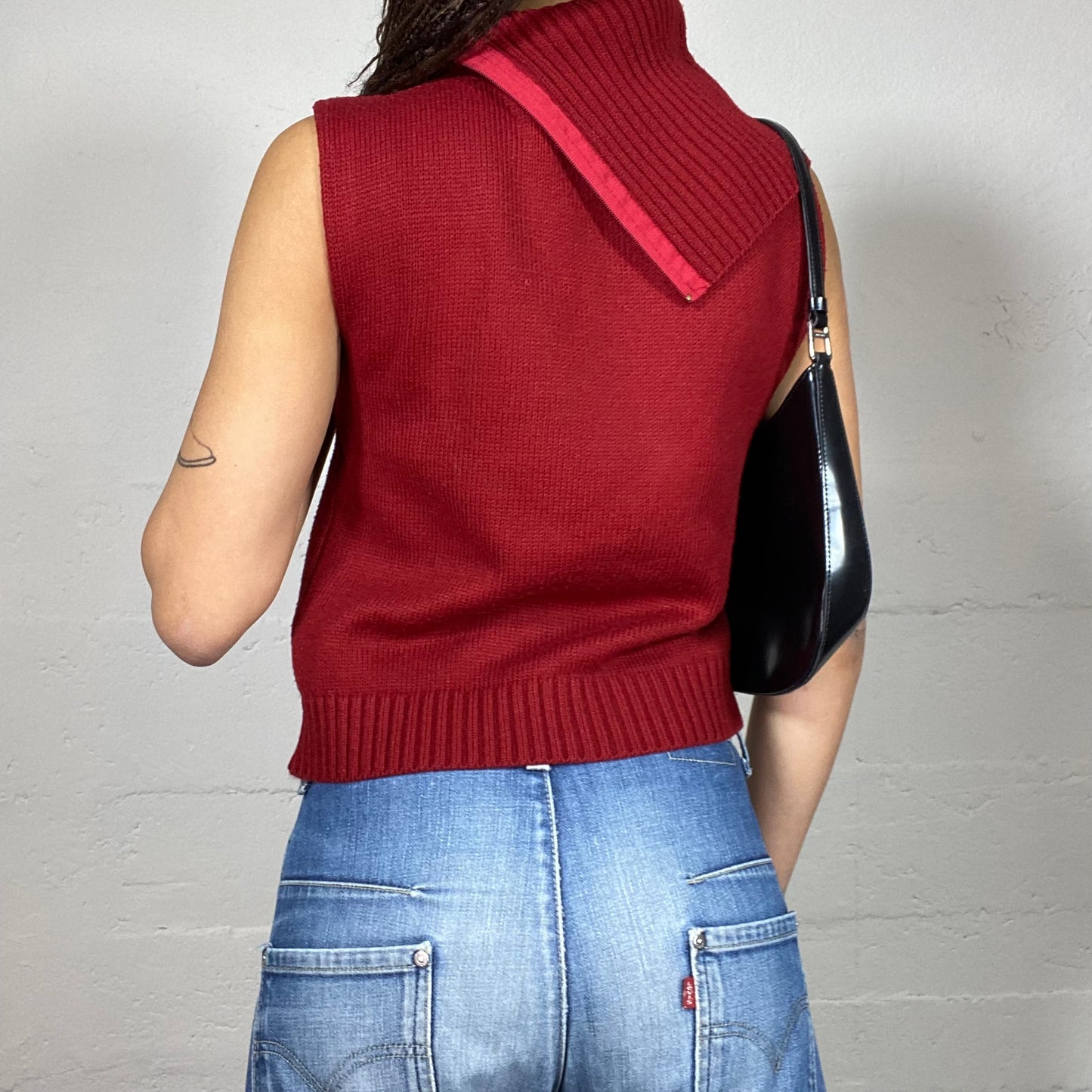 Vintage 2000's Techwear Girl Red Highneck Vest with Asymmetric Cut Detail (S/M)