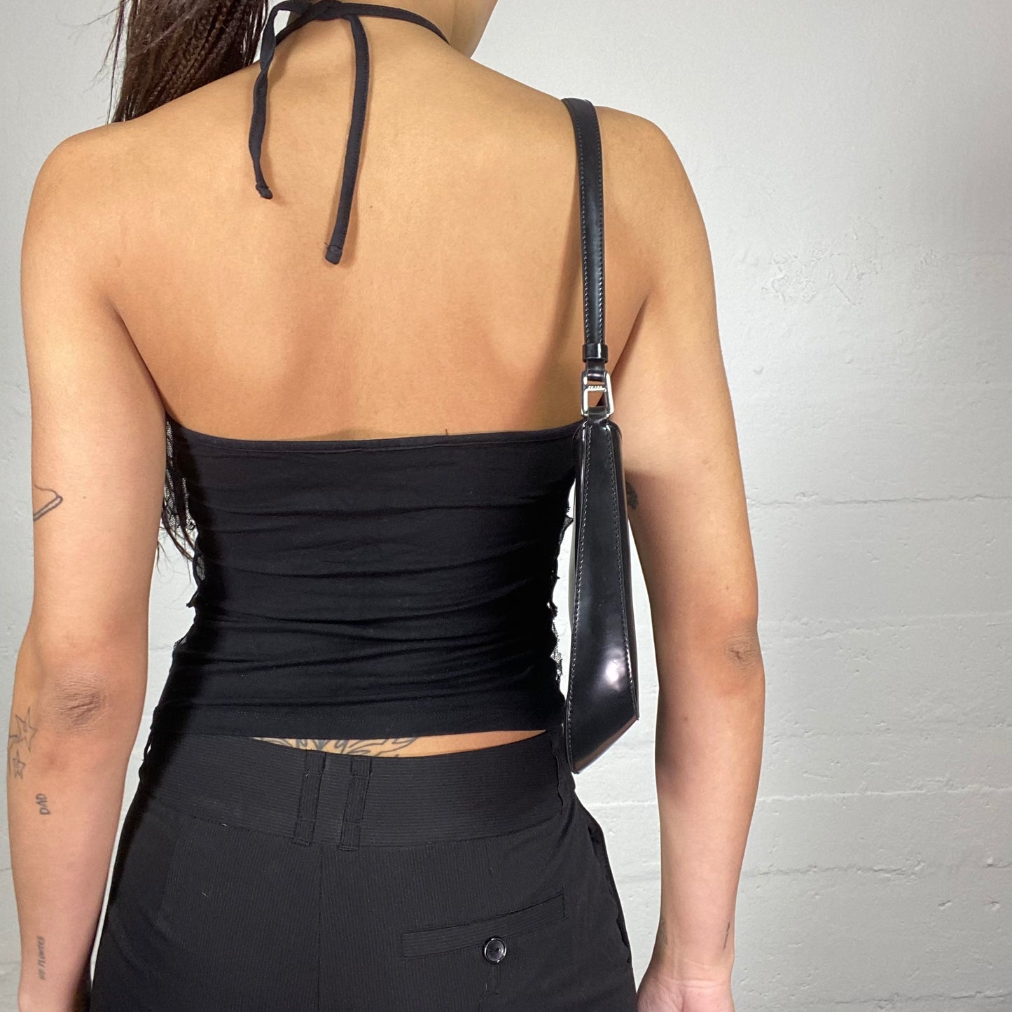 Vintage 2000's Morgan Clubwear Black Neckholder Top with Frilled Mixed Lace Materials (S/M)