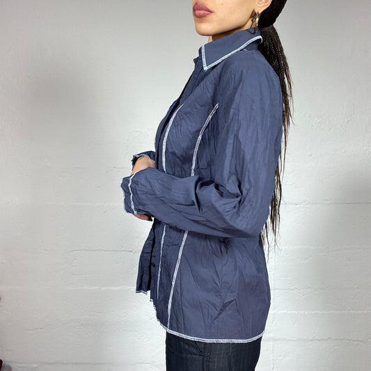Vintage 2000's Indie Blue Button Up Shirt with Ruched Print (M)