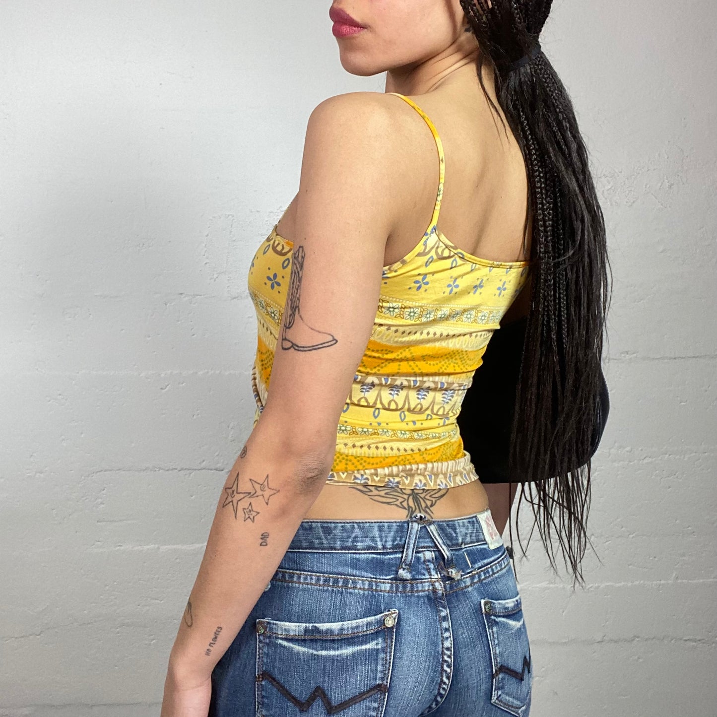 Vintage 2000's Boho Yellow Top with Ethnic Print (S/M)