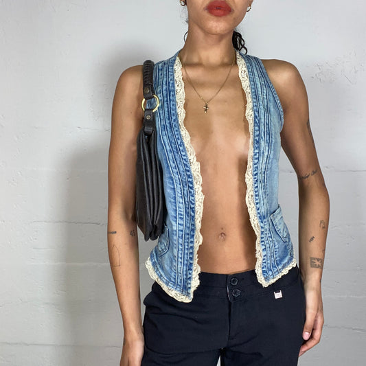 Vintage 2000's Indie Denim Open Vest with Off White Lace Trim Detail (S)