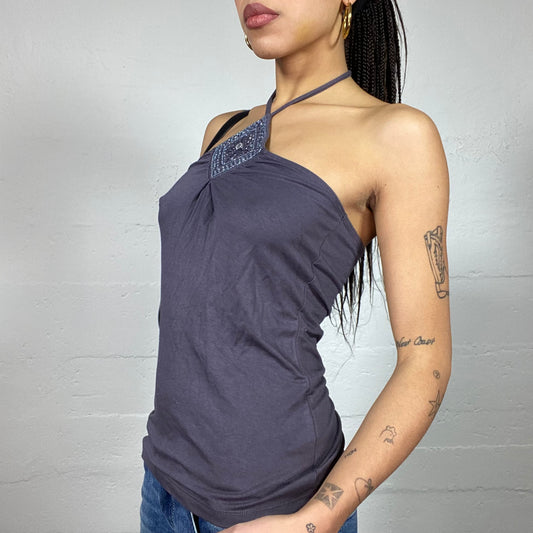 Vintage 2000's Clubwear Grey Neckholder Top with Diamond Shape & Rhinestones Detail (S)