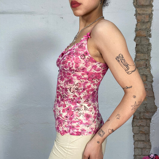 Vintage 2000's Lingerie Pink Floral Mesh Cami Top with Bow Details (S)