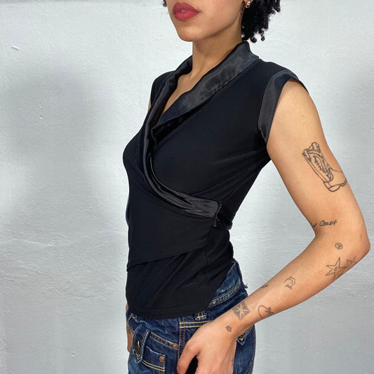 Vintage 2000's Model Off Duty Black Shirt with Satin Neckline Detail (S)