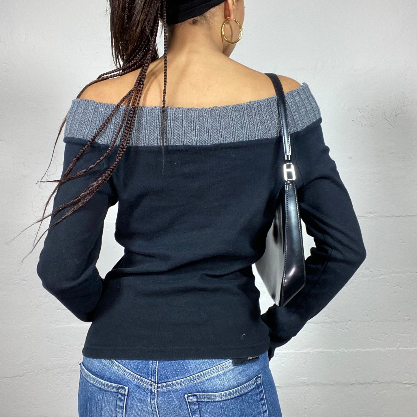 Vintage 2000's Ballet Core Black Off Shoulder Longsleeve Top with Knitted Grey Neckline Trim (S)