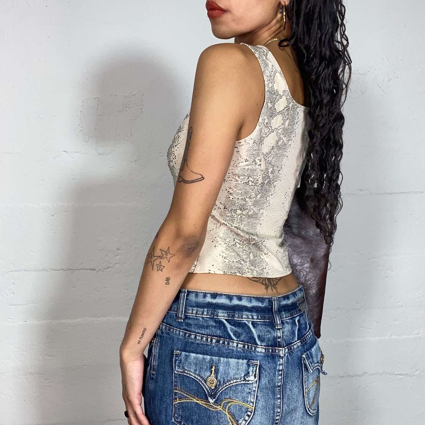 Vintage 2000's Downtown Girl Beige Corset Top with Serpent Print (S/M)