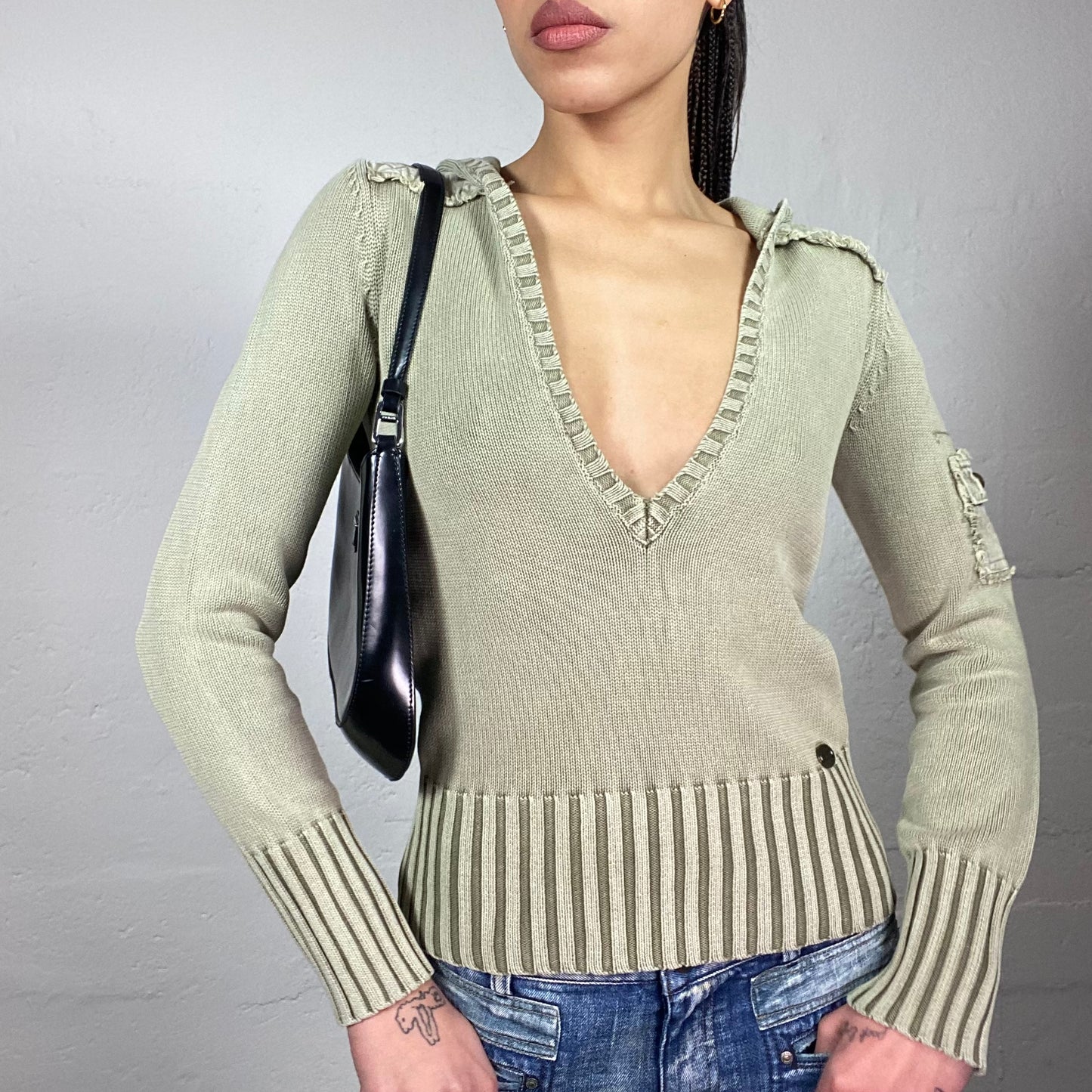 Vintage 2000's College Girl Green Knitted Pullover with Hood Back Detail (S/M)