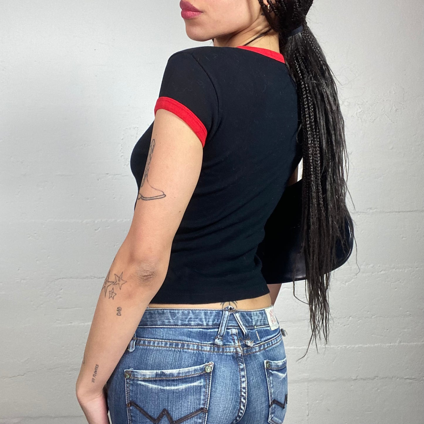 Vintage 2000's Sleaze Black Top with White Cute Skull Print (S)
