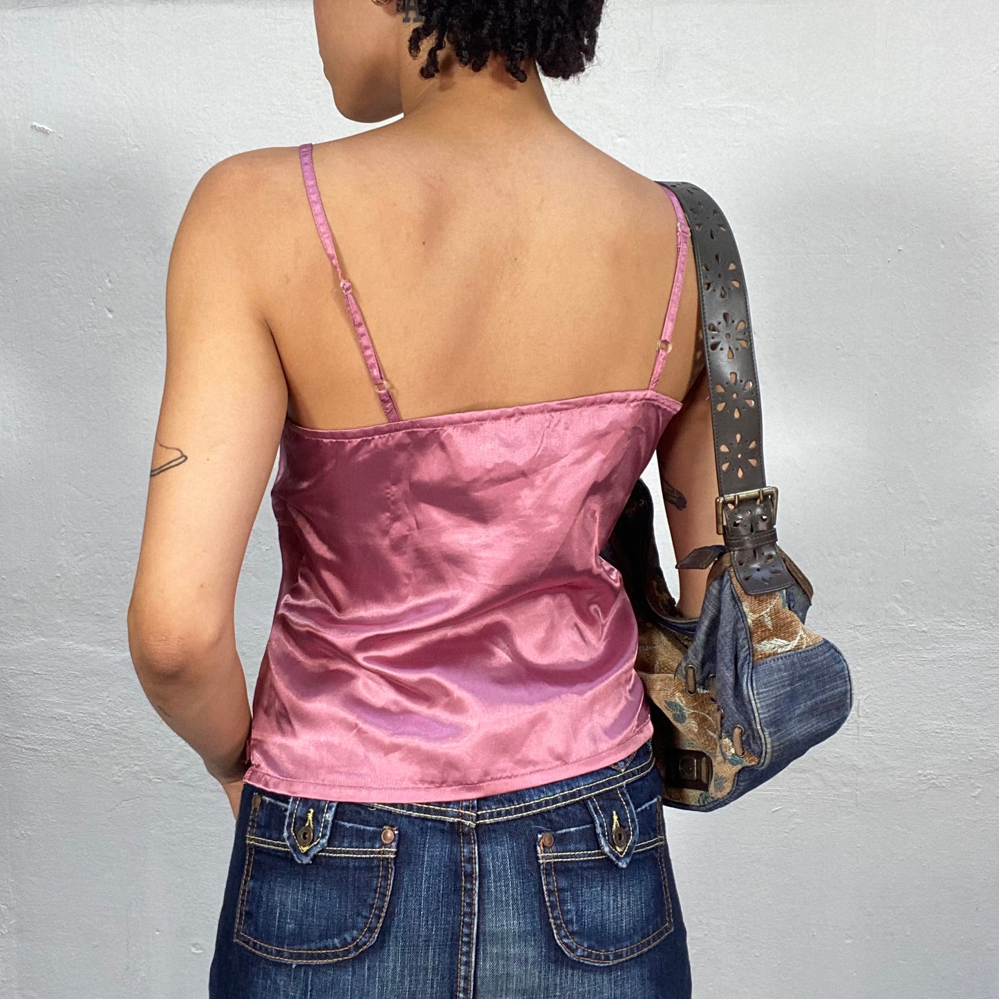 Vintage 2000's Soft Girl Pink Satin Cami Top with Crochet Neckline Trim (S)